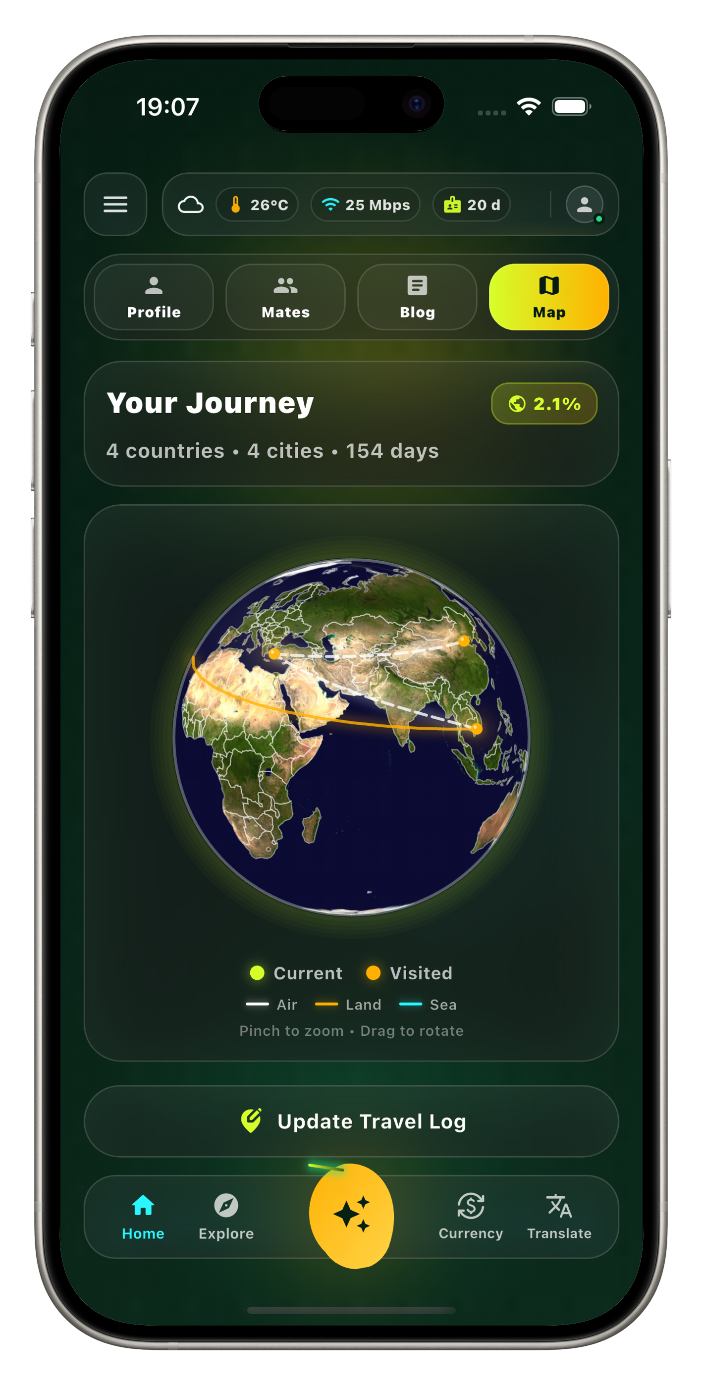 Travel log globe showing your journey